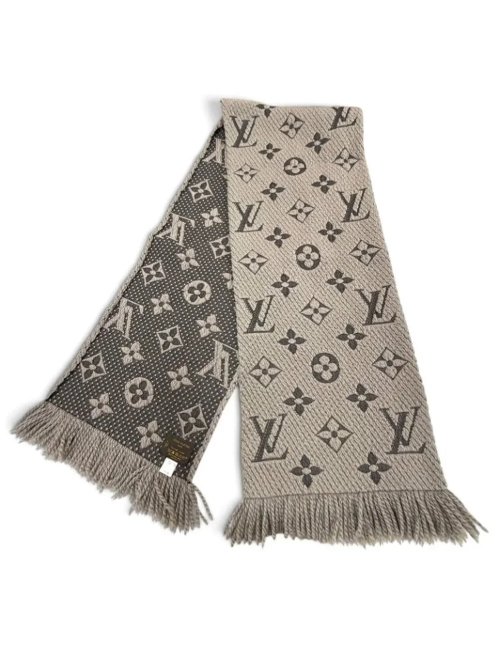 Louis Vuitton Echarpe Logo Mania Monogram Wool Silk Scarf with Fringe Gray